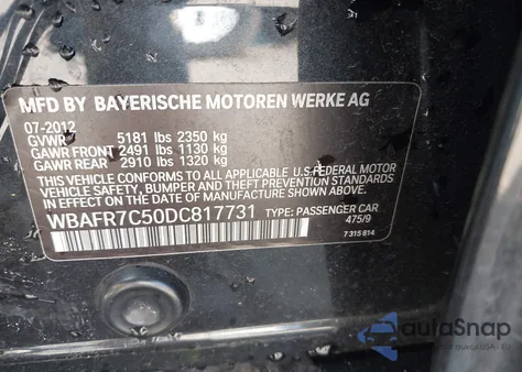 2013 BMW 535I from USA, damaged, VIN WBAFR7C50DC817731